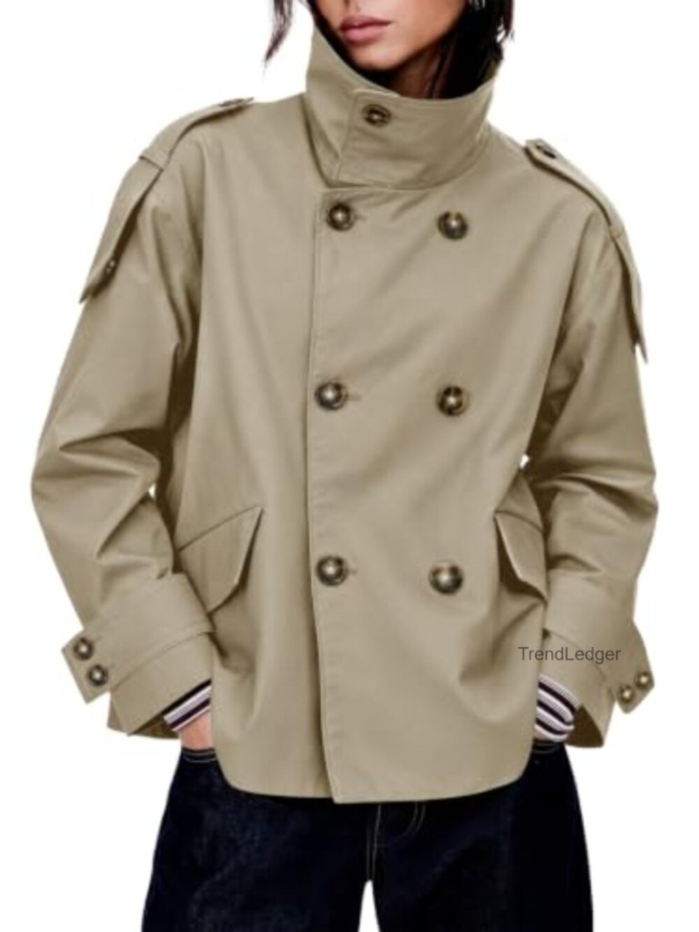 Oversized Double Breasted Cropped Trench Coat Casual Jacket